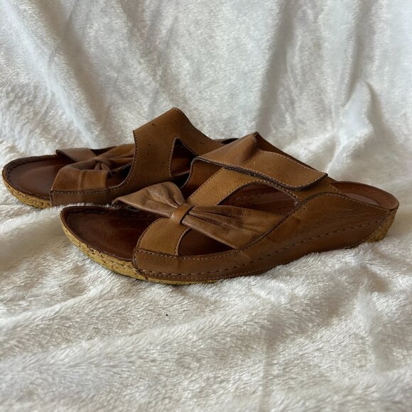 Spring Step Leather Sandals Womens Size 39 Brown Low Wedge Slide Slip On - Picture 1 of 6